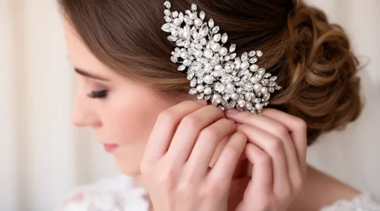 Mariée élégante avec diadème scintillant dans une composition de coiffure sophistiquée