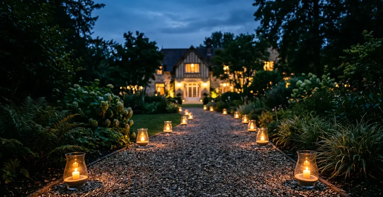 Allée extérieure de mariage illuminée par des photophores en verre sécurisés posés au sol, créant un chemin lumineux romantique
