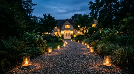 Allée extérieure de mariage illuminée par des photophores en verre sécurisés posés au sol, créant un chemin lumineux romantique