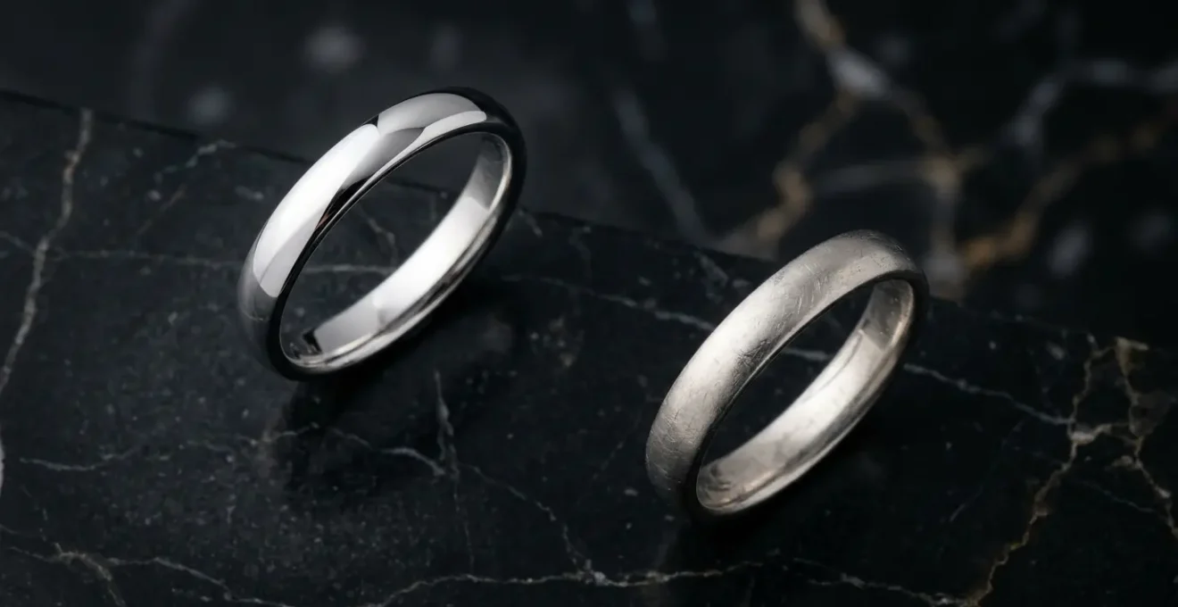 Deux alliances en or blanc posées côte à côte sur une surface de marbre, avec des effets de lumière différents