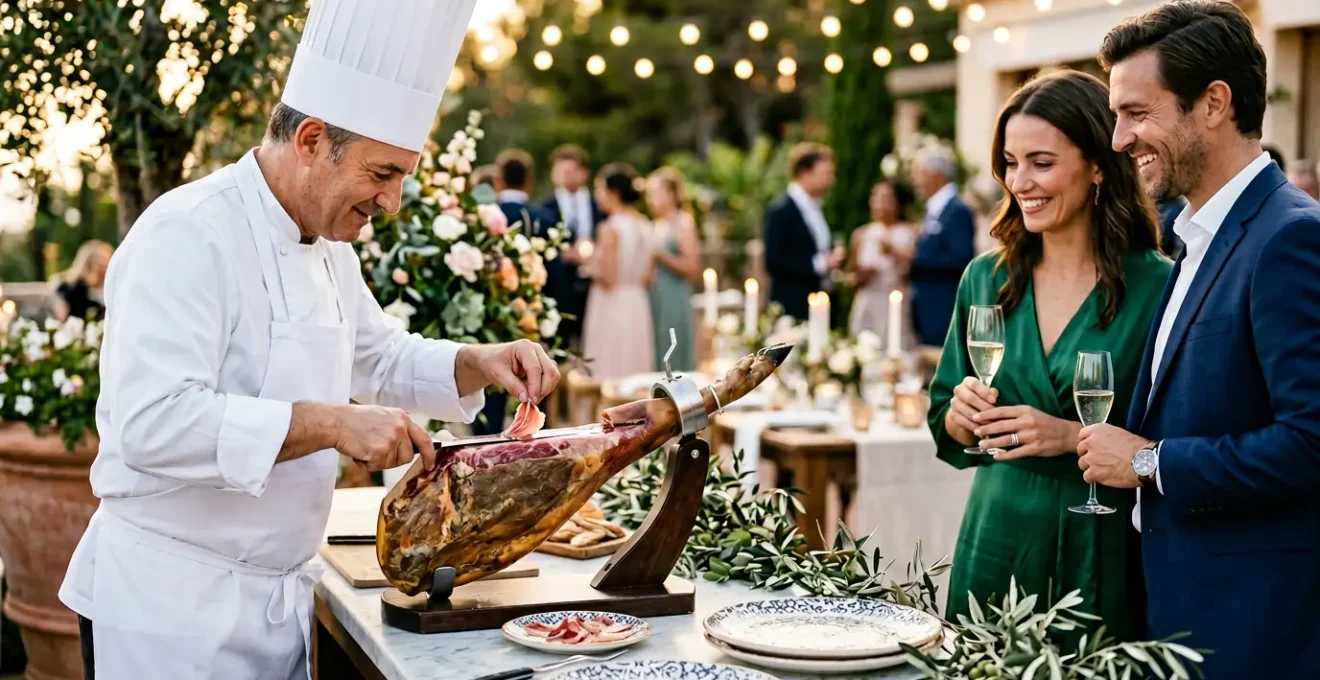 Animation culinaire lors d'un mariage avec chef découpant du jambon ibérique devant des invités élégants