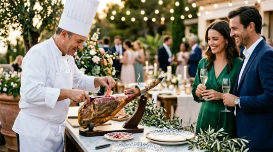Animation culinaire lors d'un mariage avec chef découpant du jambon ibérique devant des invités élégants