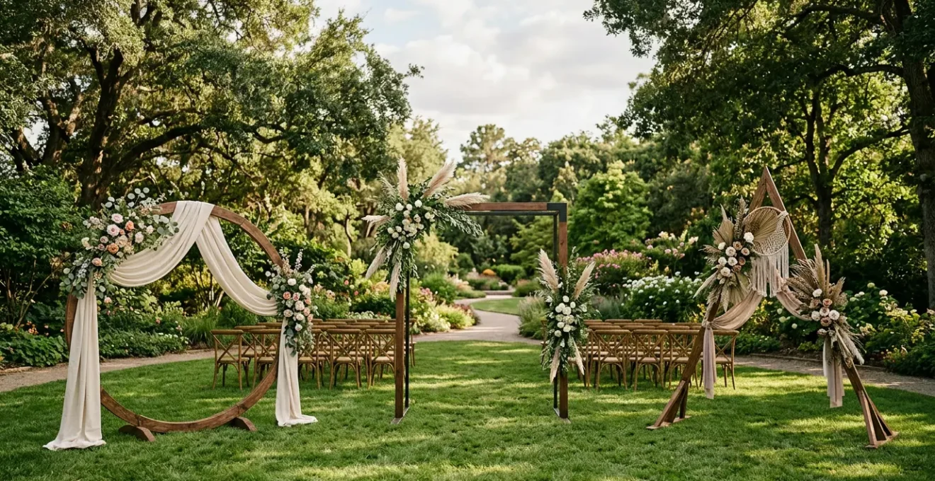 Comparaison d'arches de mariage ronde, carrée et triangulaire dans un jardin pour cérémonie laïque