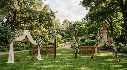 Comparaison d'arches de mariage ronde, carrée et triangulaire dans un jardin pour cérémonie laïque