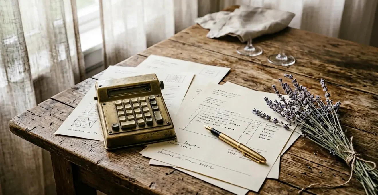 Analyse détaillée d'un devis de traiteur de mariage avec calculatrice et documents sur table en bois