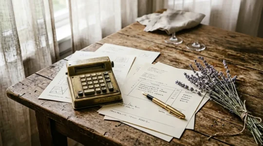 Analyse détaillée d'un devis de traiteur de mariage avec calculatrice et documents sur table en bois