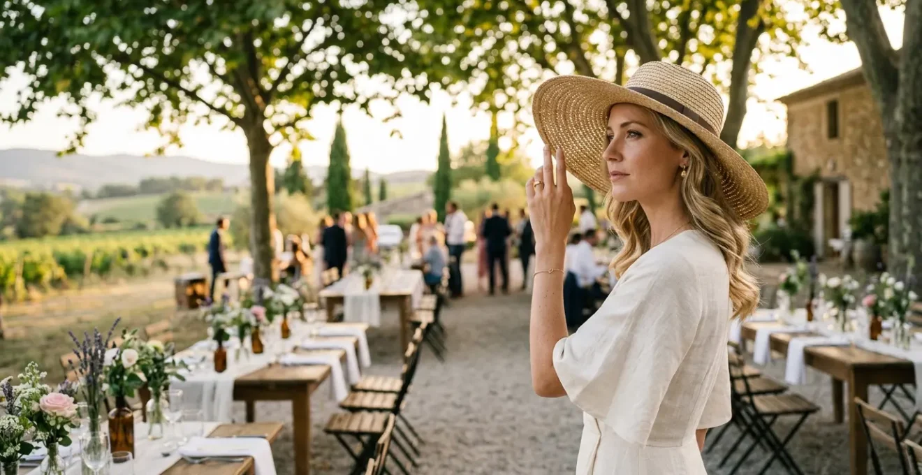 Femme élégante portant une capeline en paille naturelle lors d'un mariage champêtre