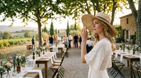 Femme élégante portant une capeline en paille naturelle lors d'un mariage champêtre