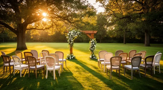 Cérémonie laïque en extérieur avec arche fleurie et invités sous la lumière dorée