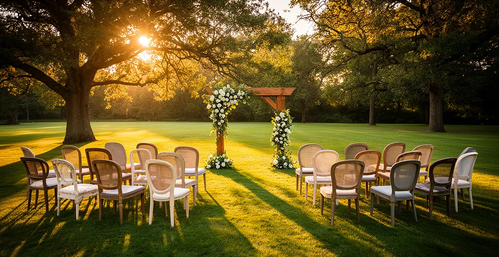 Cérémonie laïque en extérieur avec arche fleurie et invités sous la lumière dorée