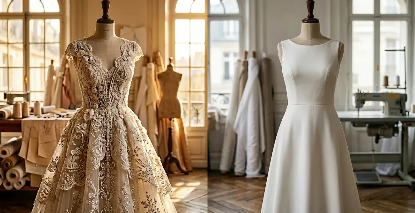 Comparaison entre une robe de créateur haute couture et une robe de prêt-à-porter dans un atelier de création