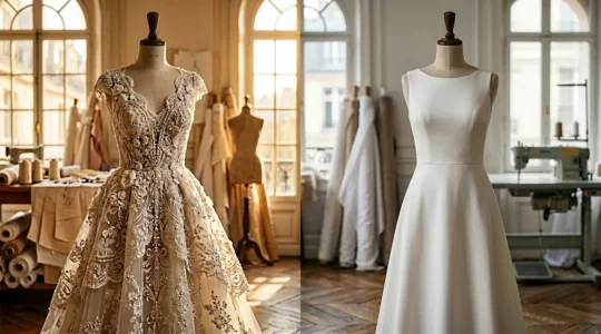 Comparaison entre une robe de créateur haute couture et une robe de prêt-à-porter dans un atelier de création