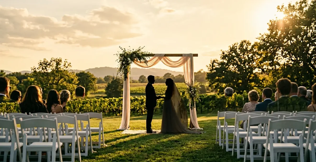 Couple échangeant leurs vœux lors d'une cérémonie laïque en extérieur devant leurs invités
