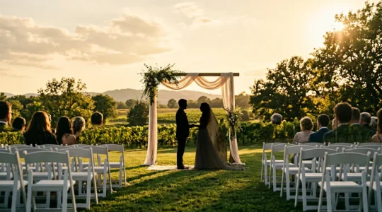 Couple échangeant leurs vœux lors d'une cérémonie laïque en extérieur devant leurs invités