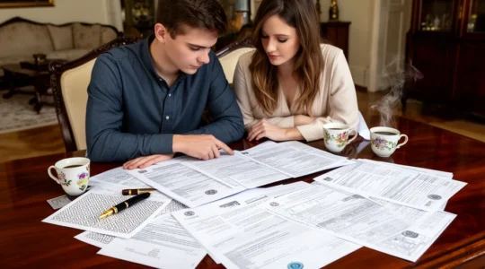 Couple préparant leur dossier de mariage à la maison avec documents administratifs éparpillés sur une table en bois