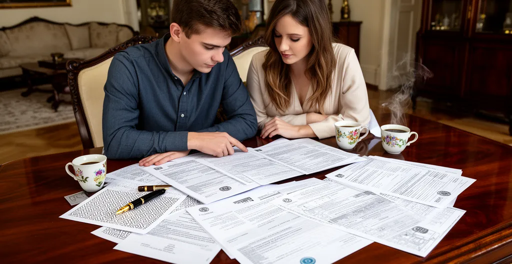 Couple préparant leur dossier de mariage à la maison avec documents administratifs éparpillés sur une table en bois