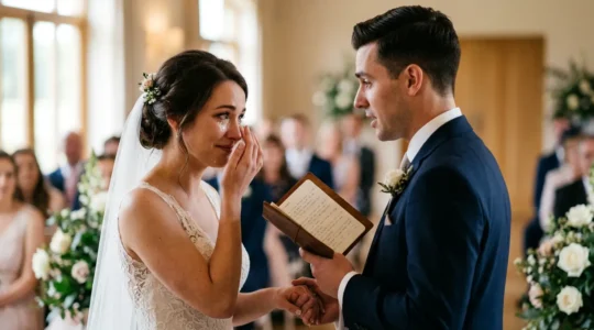Couple échangeant des vœux pendant une cérémonie de mariage émouvante