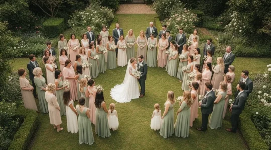 Couple de mariés entouré d'invités élégants dans une harmonie vestimentaire parfaite