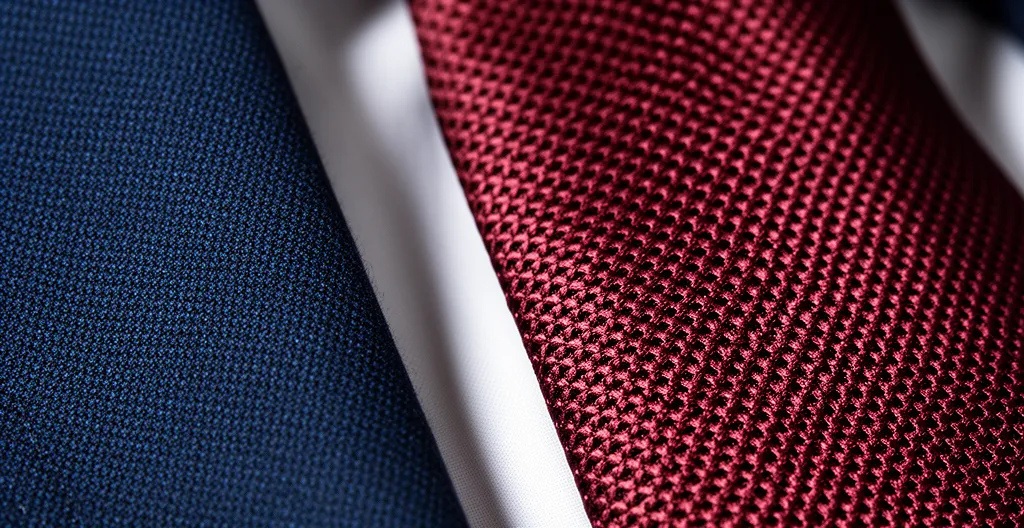 Cravate texturée en grenadine de soie sur costume bleu marine avec détails élégants