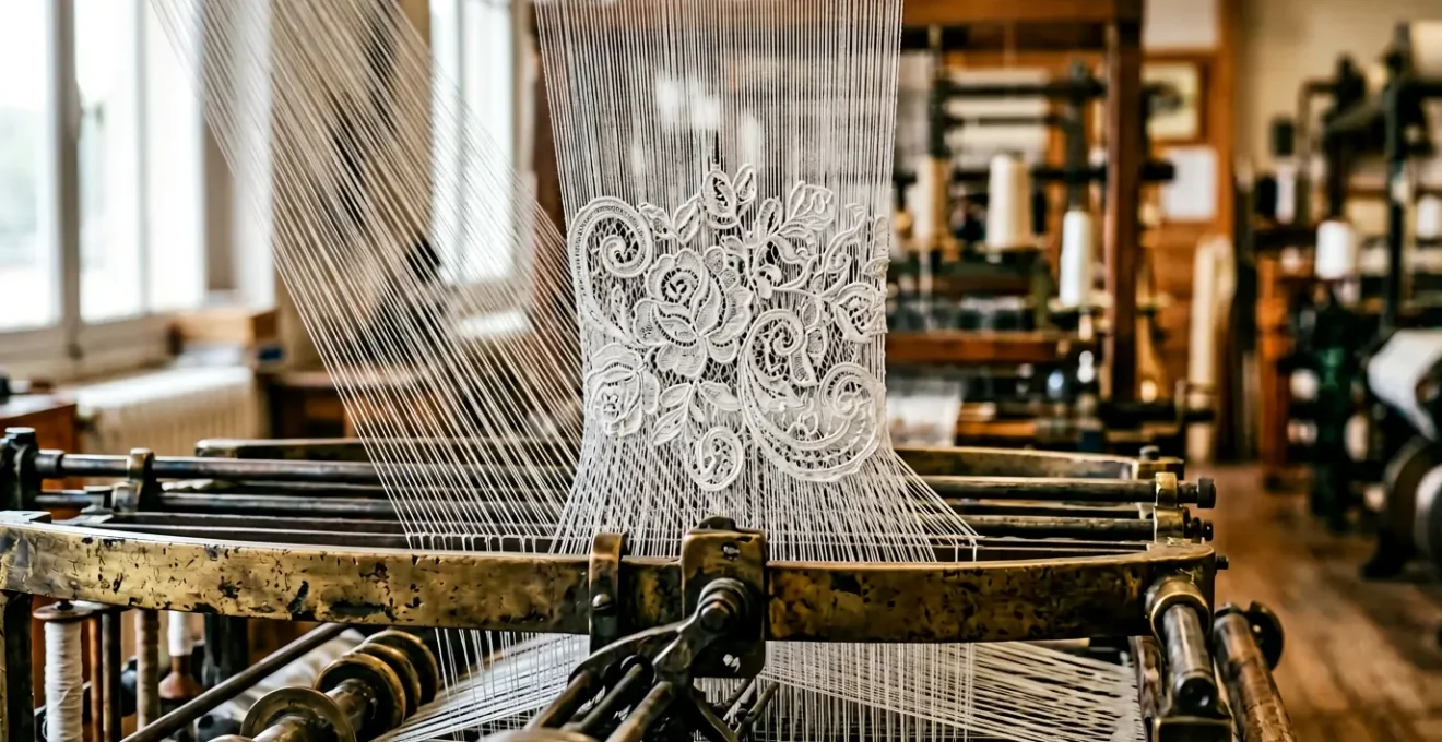 Détail en gros plan d'une dentelle de Calais authentique montrant la finesse des motifs floraux sur métier Leavers