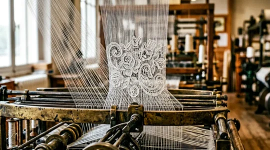 Détail en gros plan d'une dentelle de Calais authentique montrant la finesse des motifs floraux sur métier Leavers