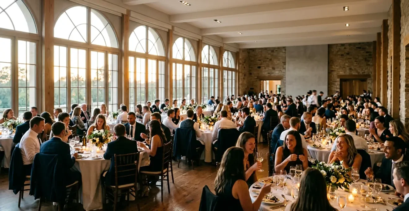 Réception de mariage élégante avec invités animés lors d'un dîner en soirée