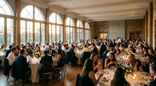 Réception de mariage élégante avec invités animés lors d'un dîner en soirée