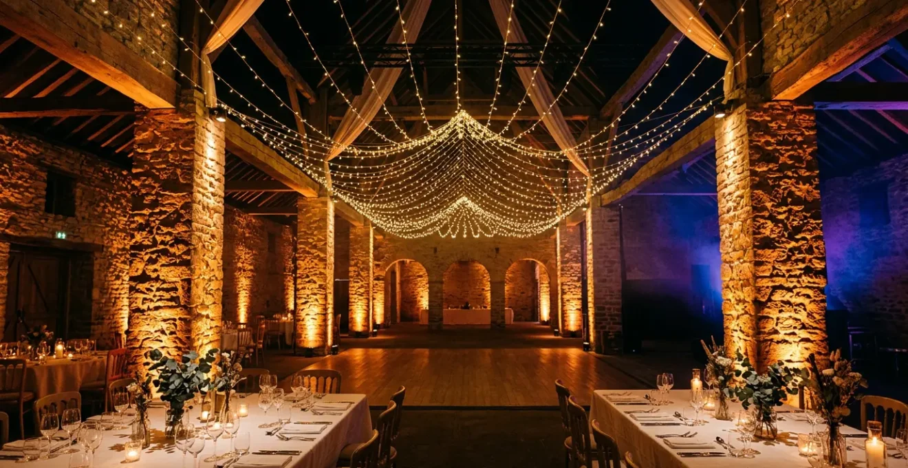 Salle de fête transformée par un éclairage ambré et coloré créant une ambiance magique