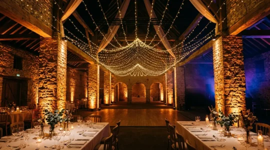 Salle de fête transformée par un éclairage ambré et coloré créant une ambiance magique