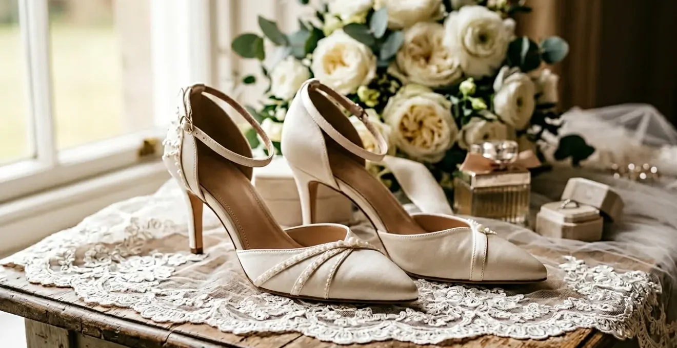Escarpins de mariage élégants posés sur un voile en dentelle dans une lumière douce