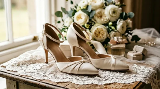 Escarpins de mariage élégants posés sur un voile en dentelle dans une lumière douce