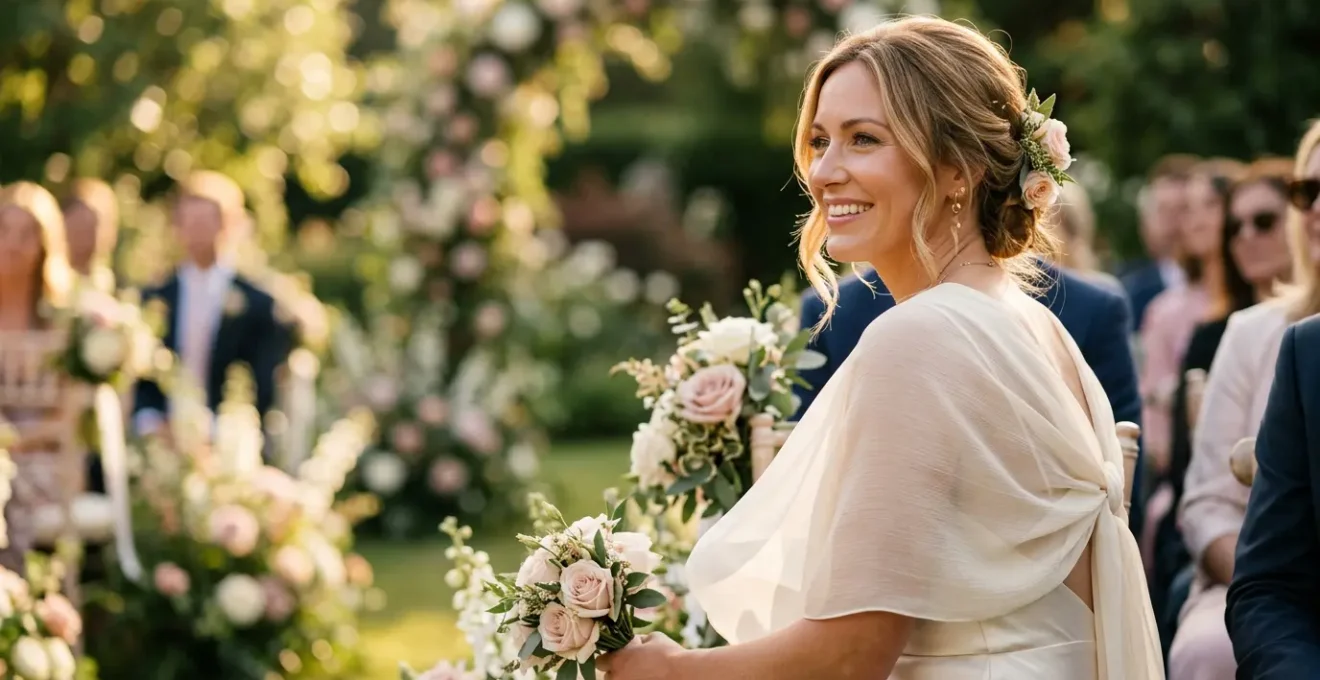 Femme élégante portant une étole en mousseline fluide lors d'un mariage estival