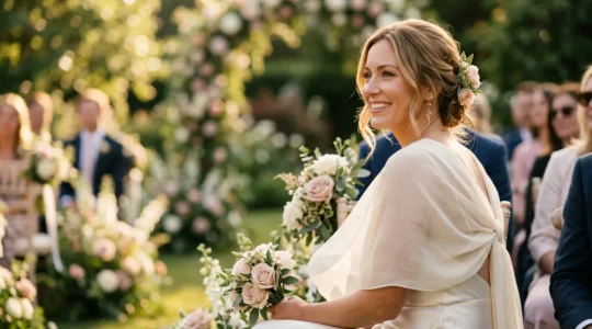 Femme élégante portant une étole en mousseline fluide lors d'un mariage estival