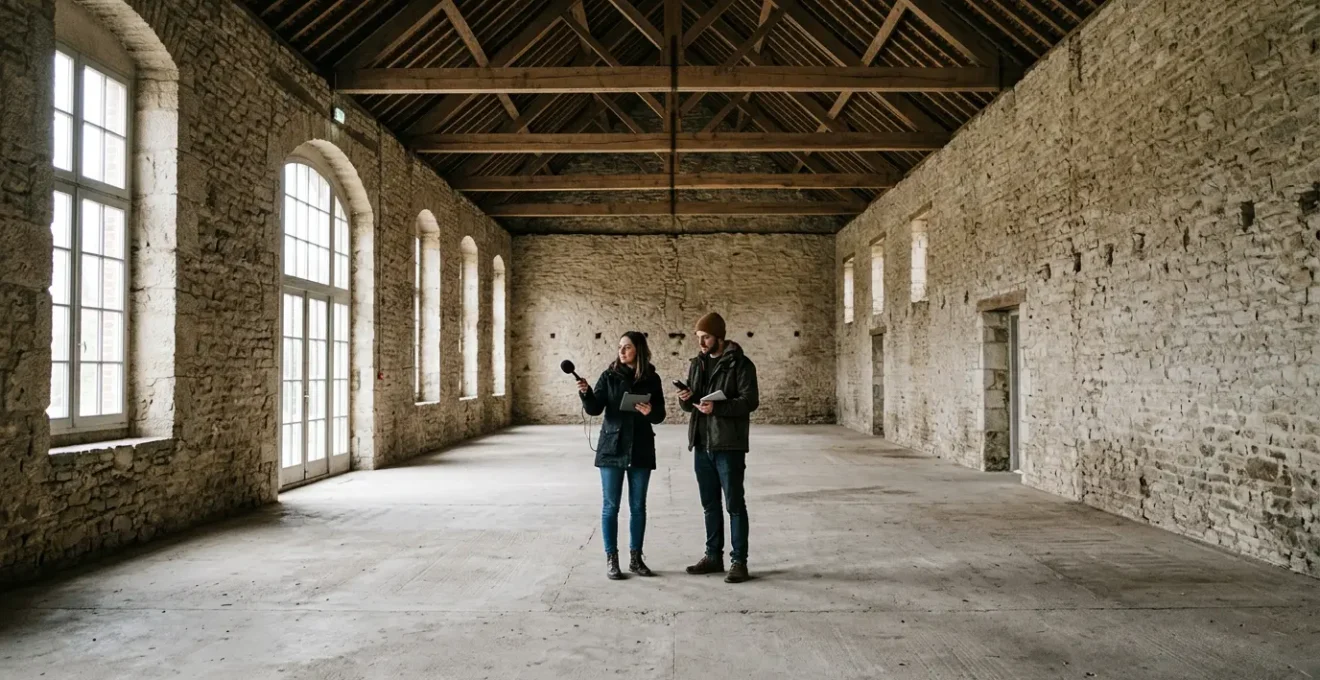 Test acoustique d'une salle de réception par un couple évaluant l'écho et la réverbération
