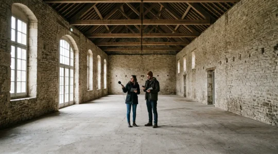 Test acoustique d'une salle de réception par un couple évaluant l'écho et la réverbération