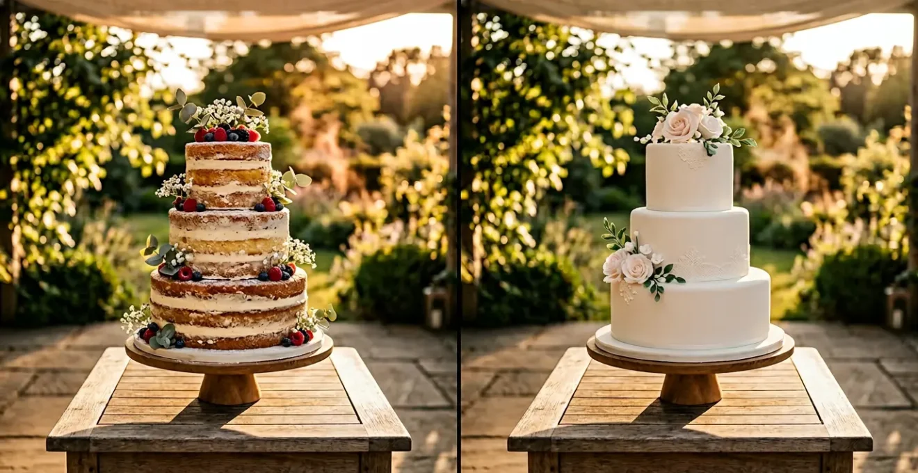 Comparaison visuelle entre un naked cake et un gâteau recouvert de pâte à sucre sous une température estivale