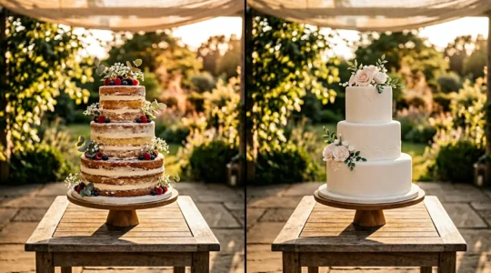 Comparaison visuelle entre un naked cake et un gâteau recouvert de pâte à sucre sous une température estivale