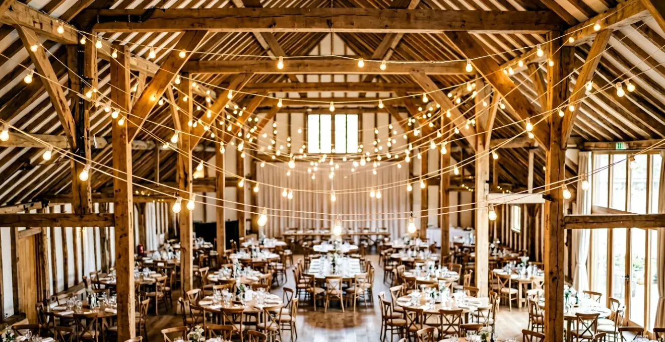 Vue d'ensemble d'une salle de réception de mariage avec guirlandes guinguette suspendues au plafond formant un quadrillage lumineux