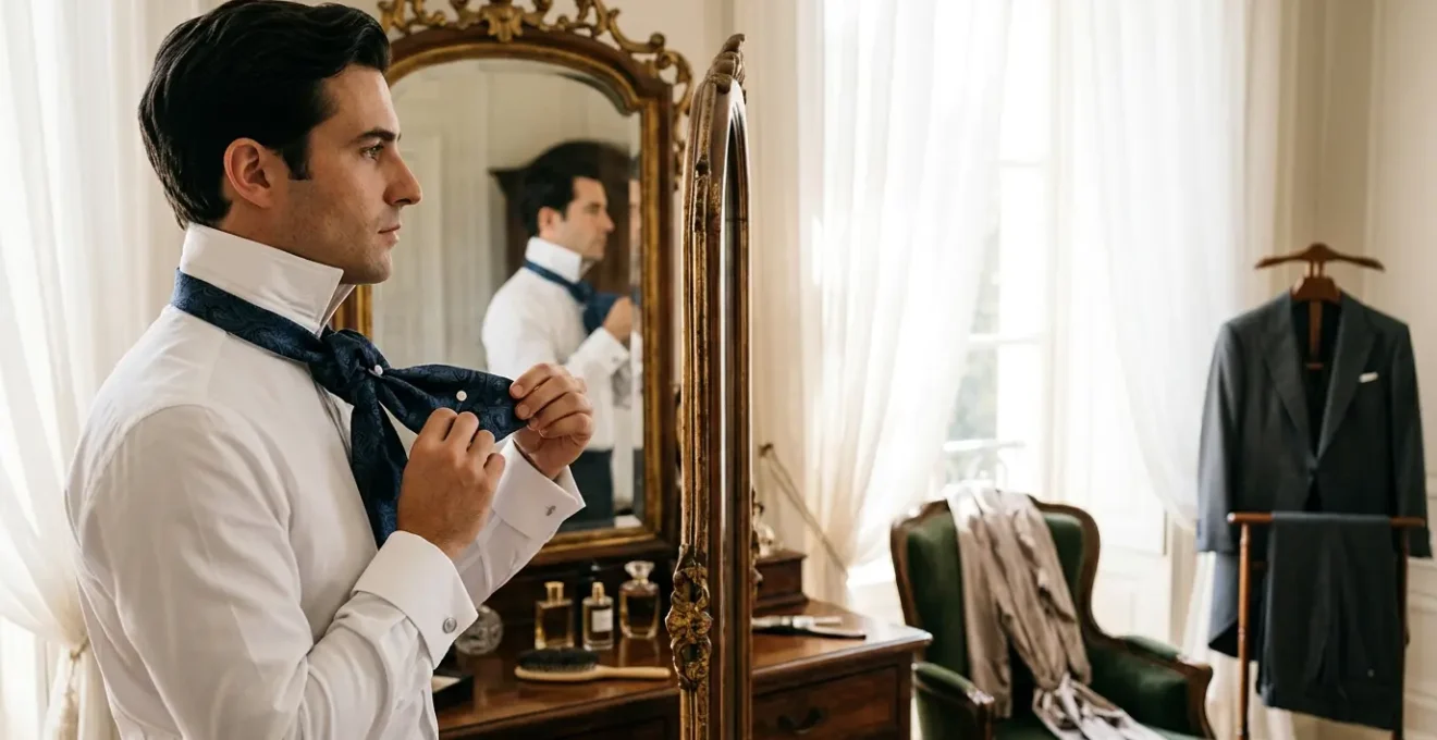 Homme en chemise col cassé ajustant une lavallière de soie devant un miroir ancien