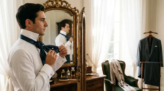 Homme en chemise col cassé ajustant une lavallière de soie devant un miroir ancien