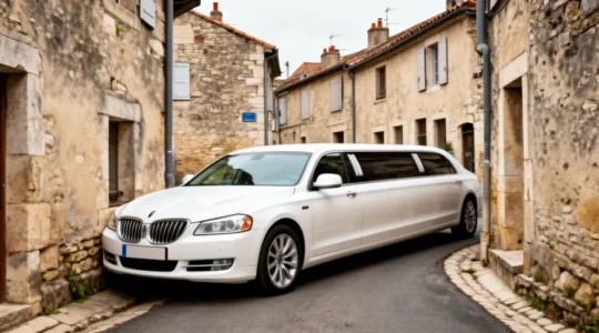 Limousine américaine blanche de 9 mètres tentant de manœuvrer dans une ruelle étroite d'un village français typique
