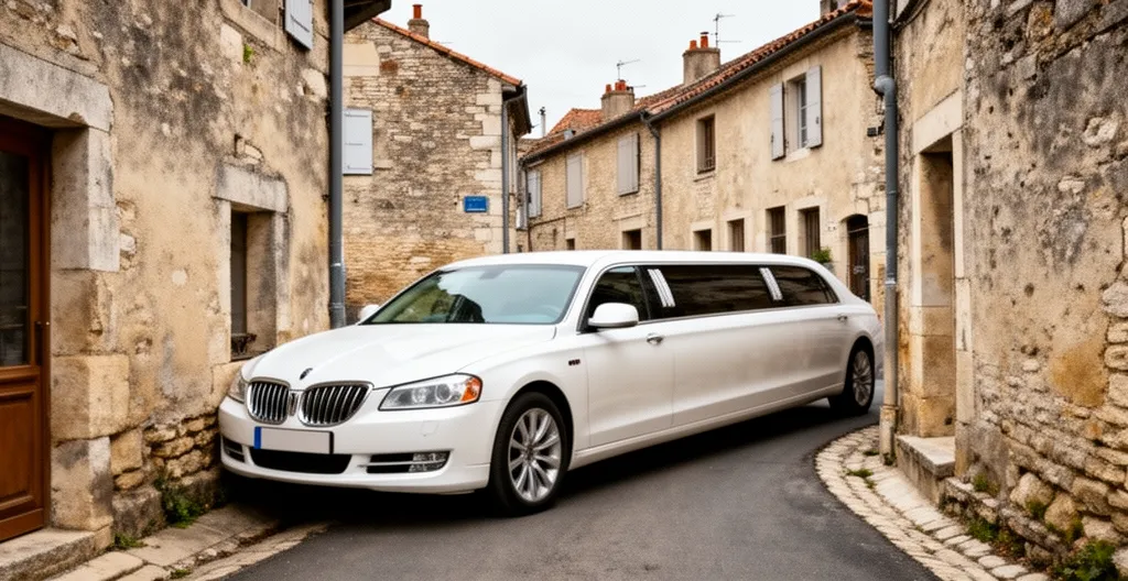Limousine américaine blanche de 9 mètres tentant de manœuvrer dans une ruelle étroite d'un village français typique