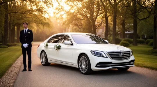 Voiture de prestige blanche décorée pour mariage avec chauffeur en costume dans un écrin de verdure