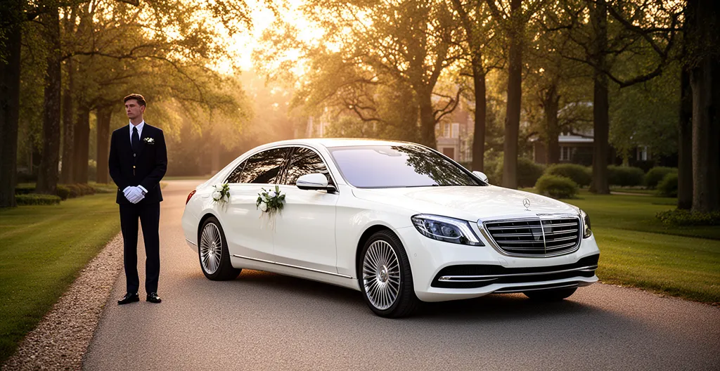 Voiture de prestige blanche décorée pour mariage avec chauffeur en costume dans un écrin de verdure