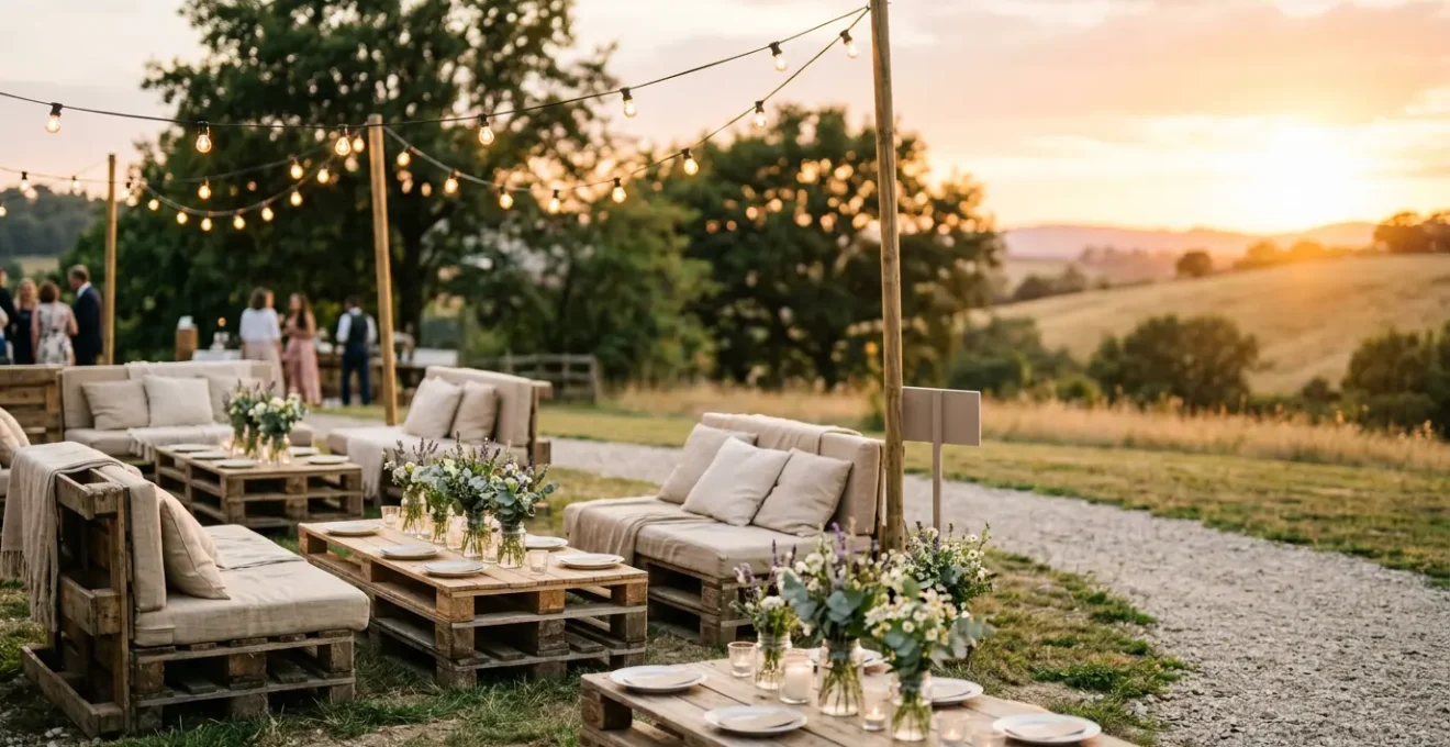 Table de mariage champêtre élégante avec palettes en bois et bouquets de fleurs sauvages