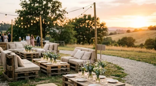 Table de mariage champêtre élégante avec palettes en bois et bouquets de fleurs sauvages