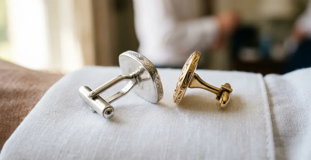 Gros plan sur des boutons de manchette élégants lors d'une cérémonie de mariage