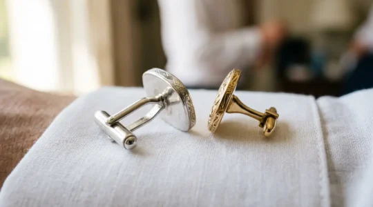 Gros plan sur des boutons de manchette élégants lors d'une cérémonie de mariage