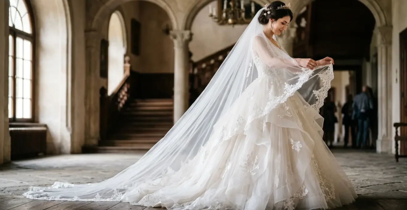 Mariée dans une robe princesse volumineuse ajustant son voile cathédrale