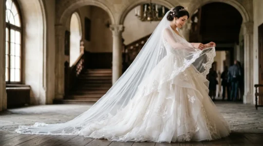 Mariée dans une robe princesse volumineuse ajustant son voile cathédrale